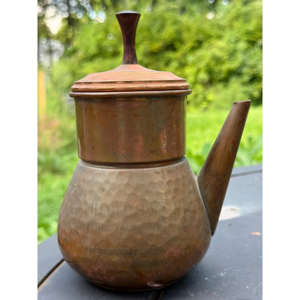 Vintage Hammered Copper Coffee Pot Italy Wood Handle 1972 Barnum Festival Pot